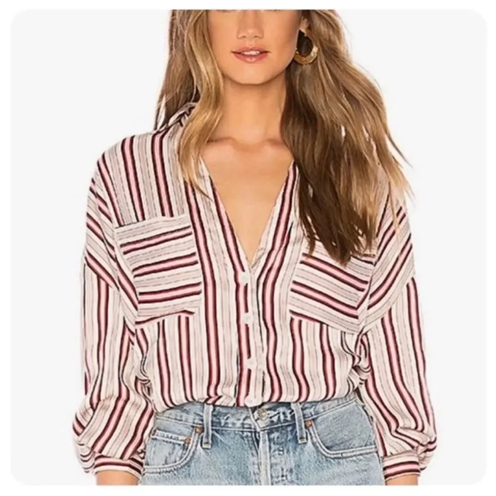 FREE PEOPLE | NEW Striped Button Front Double Pocket Long Sleeve Top Women’s M